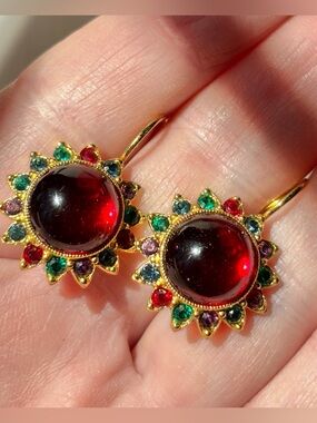 J.R. Gold-Tone Red Cabochon Sunburst Earrings with Multicolor Accent Stones